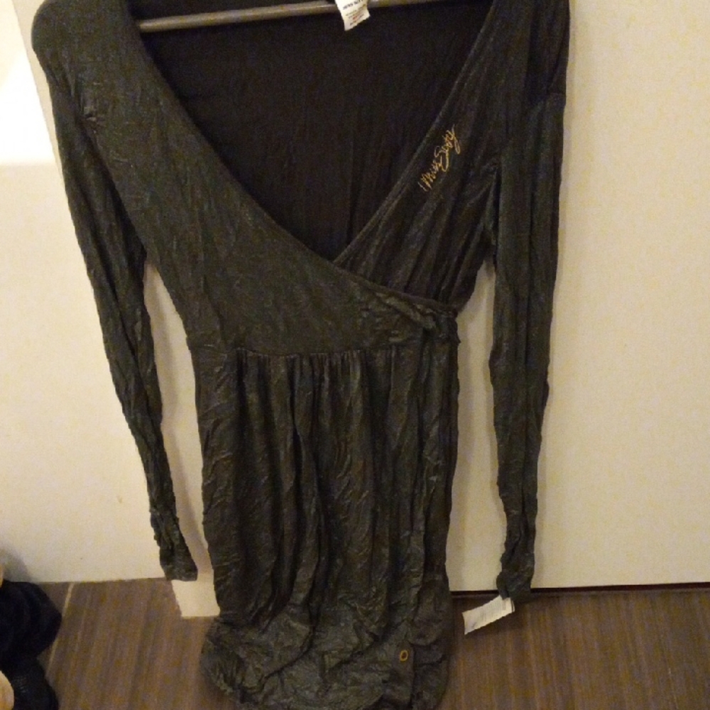 Miss Sixty Green Plunge Neck Bishop Sleeve Dress